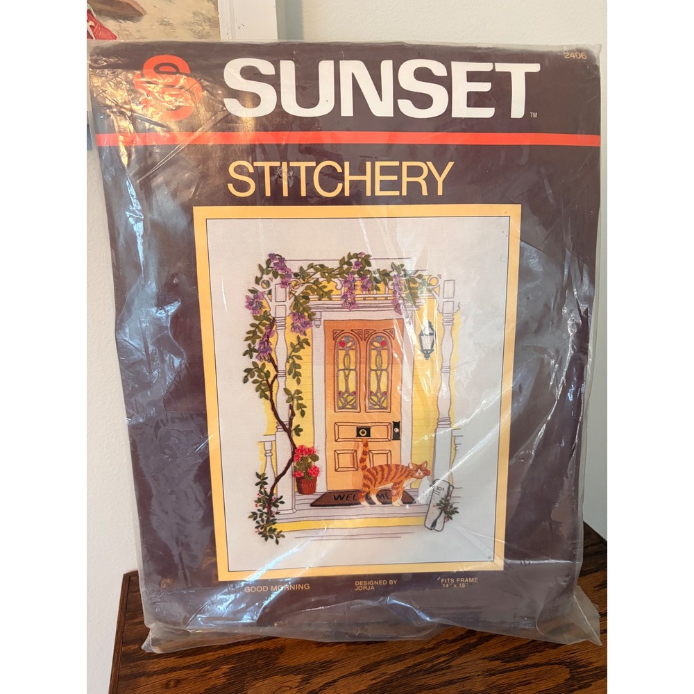 Sunset Stitchery Good Morning Crewel Embroidery Kit 2406 Cat Wisteria Vintage